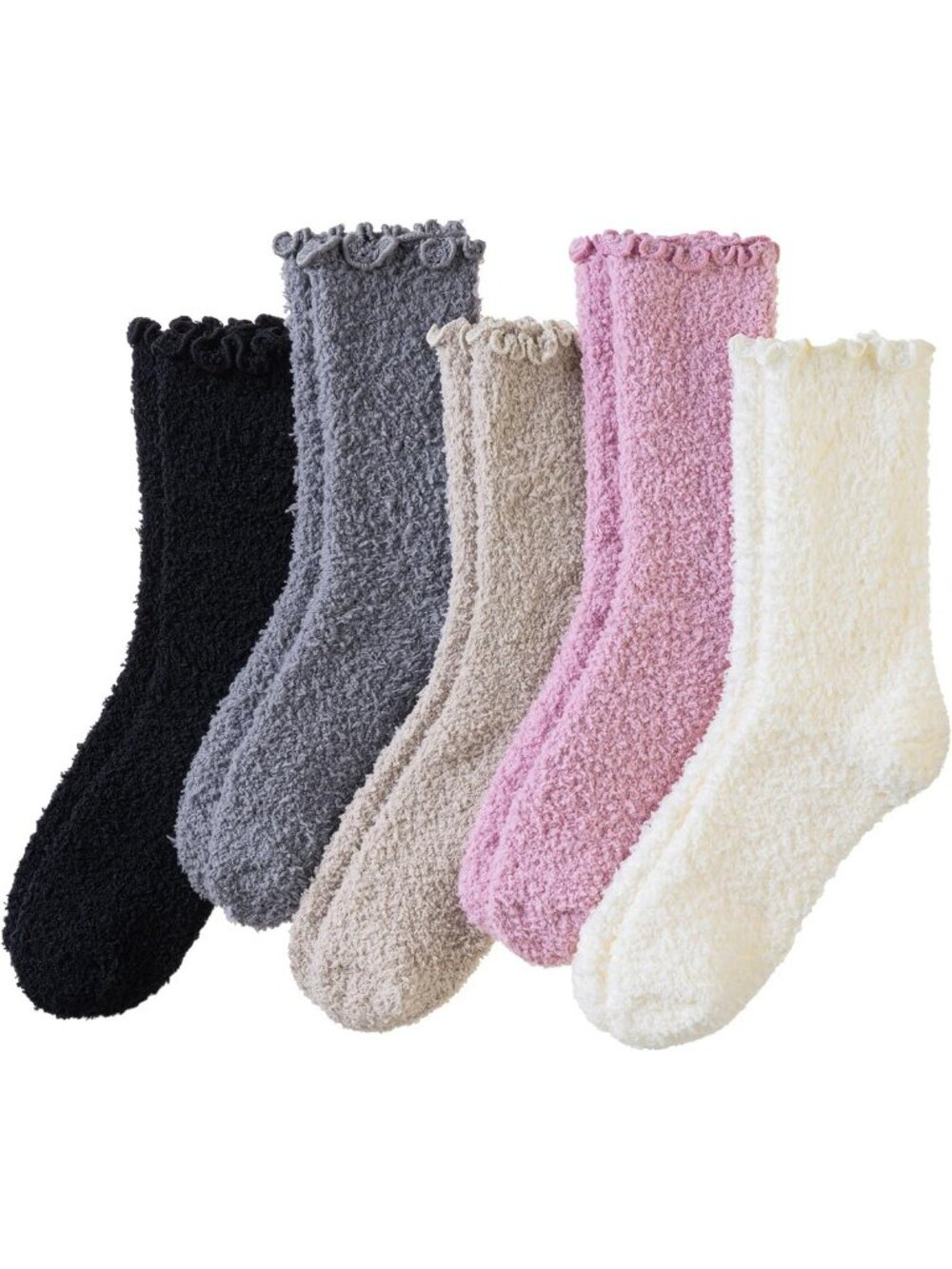Cozy Fuzzy Ruffle Slipper Socks - Soft Plush Warm Winter Crew - 5 Pairs